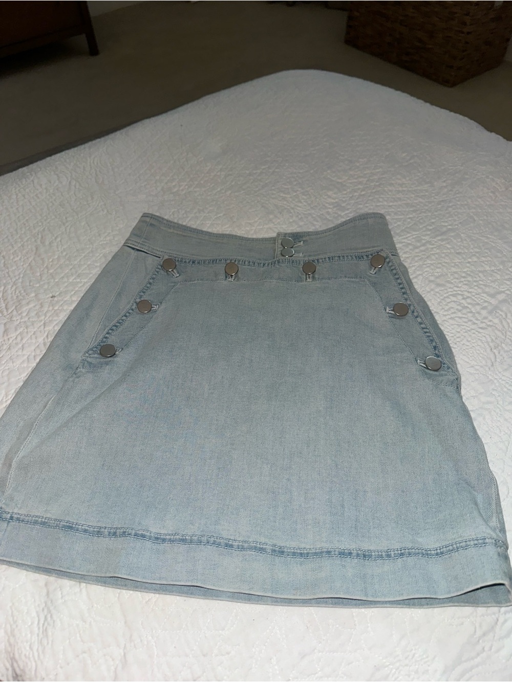 Club Monaco Light Denim Mini Skirt with Snap Trim
